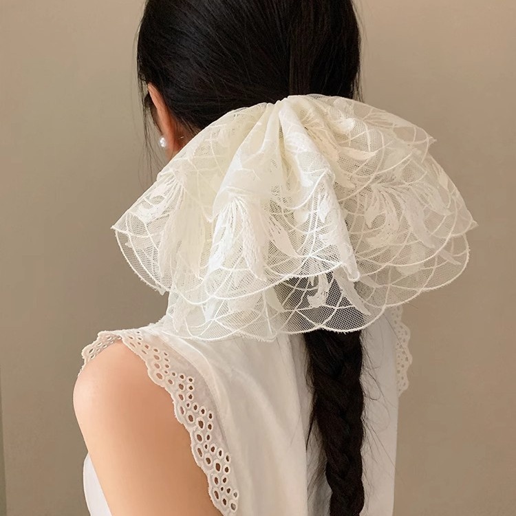 Women's French Elegant Extra Large White Lace Headband Fairy Style Hair Tie