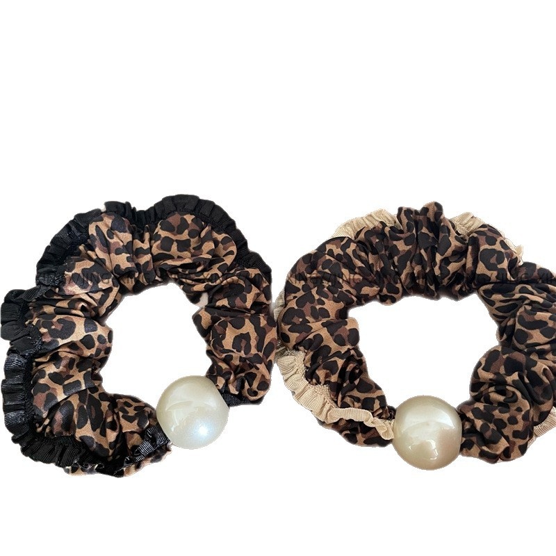 Women's Retro Lace Leopard Print Pearl Beaded Pleated Elastic Hair Ties