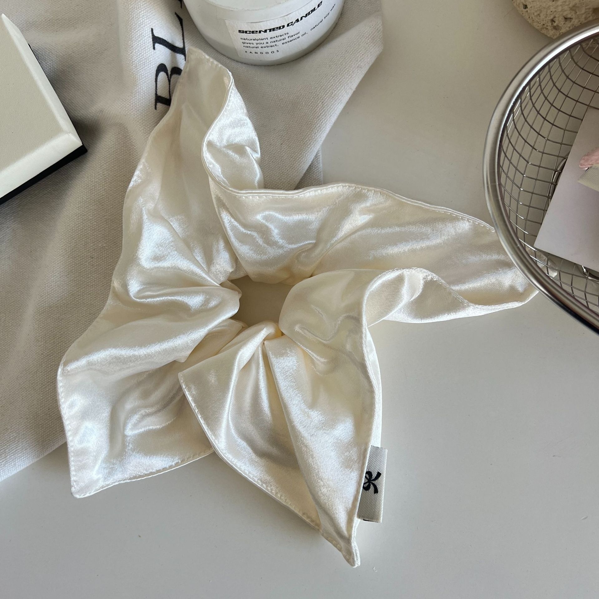 Women's Square Satin Hair Tie Daily Low Bun Accessory Solid Glossy Cream