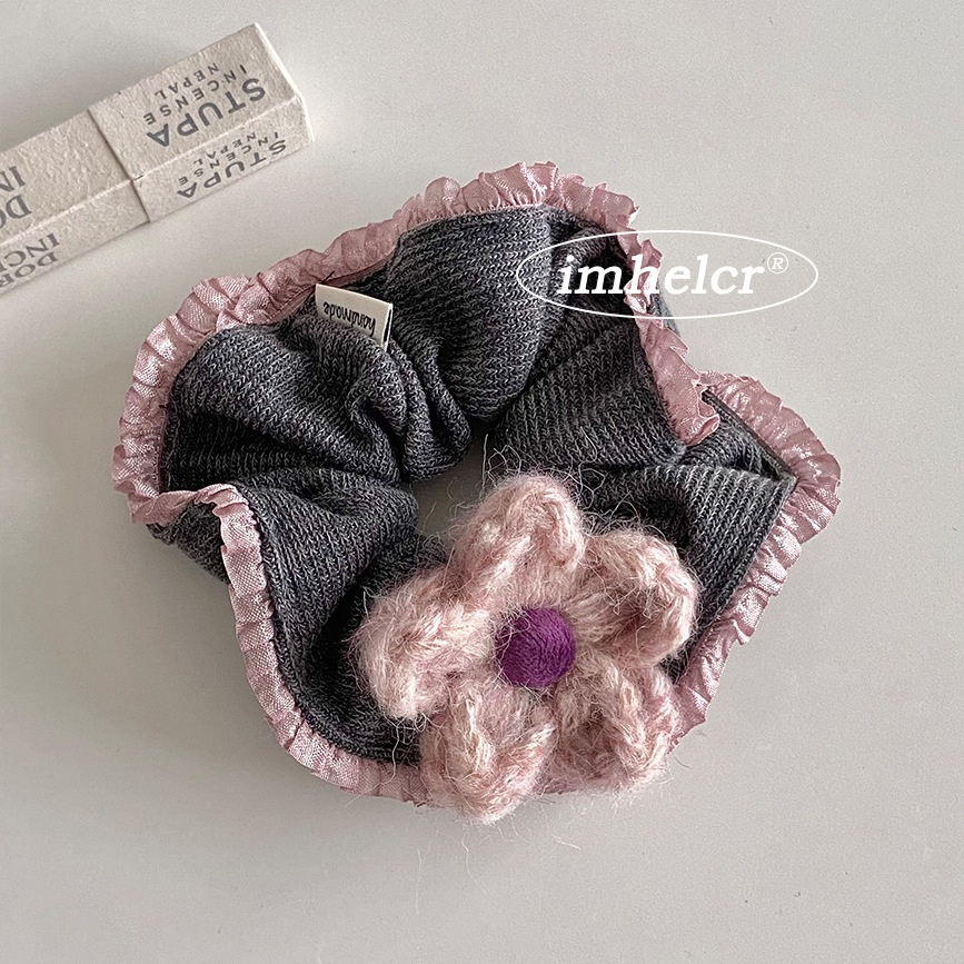Women Winter Knitted Ruffled Ponytail Hairband Pink Dark Coffee Flower