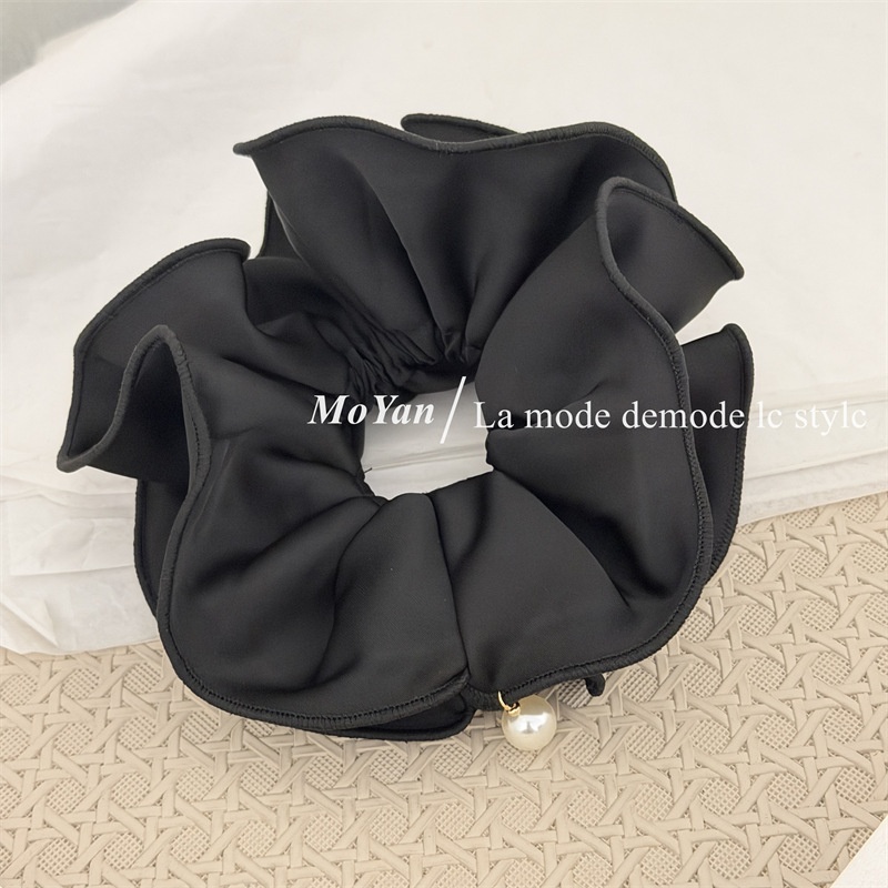 Women's Elegant Double-Layer Satin Flower Bow Hair Tie with Pearl Hanging Detail