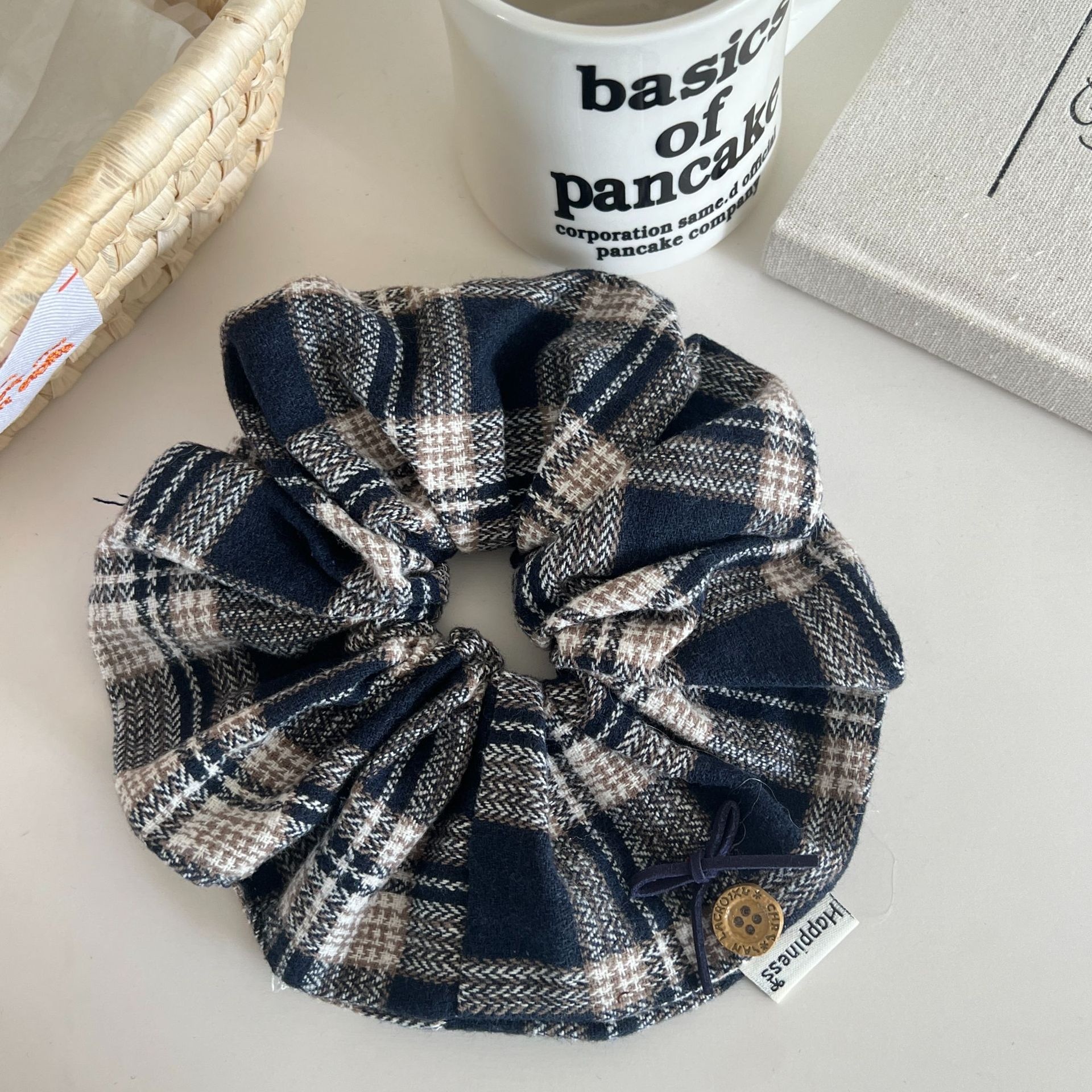 Women's French Retro Plaid Cloth Hair Tie in Black, Winter Hair Accessory