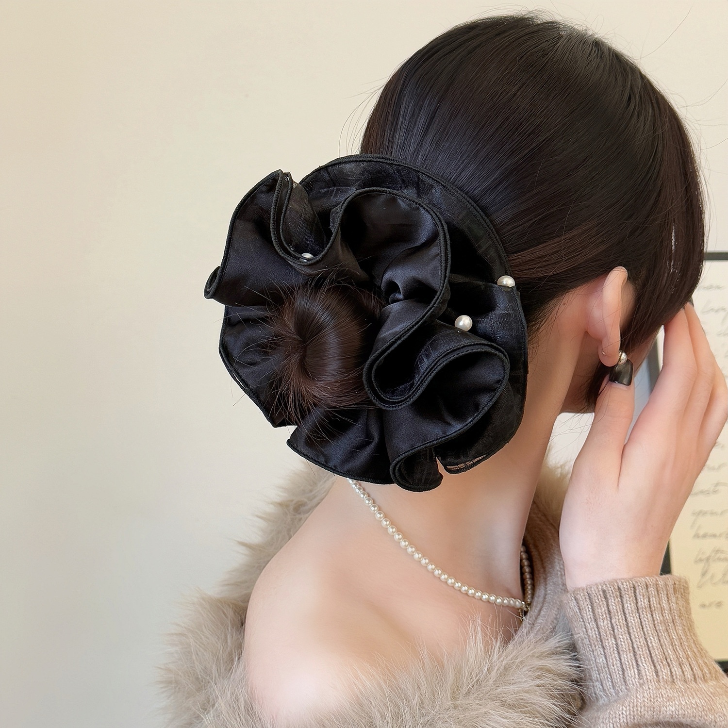 Women's Spring Soft Gauze Pearl Bubble Braid Hair Tie Solid Black