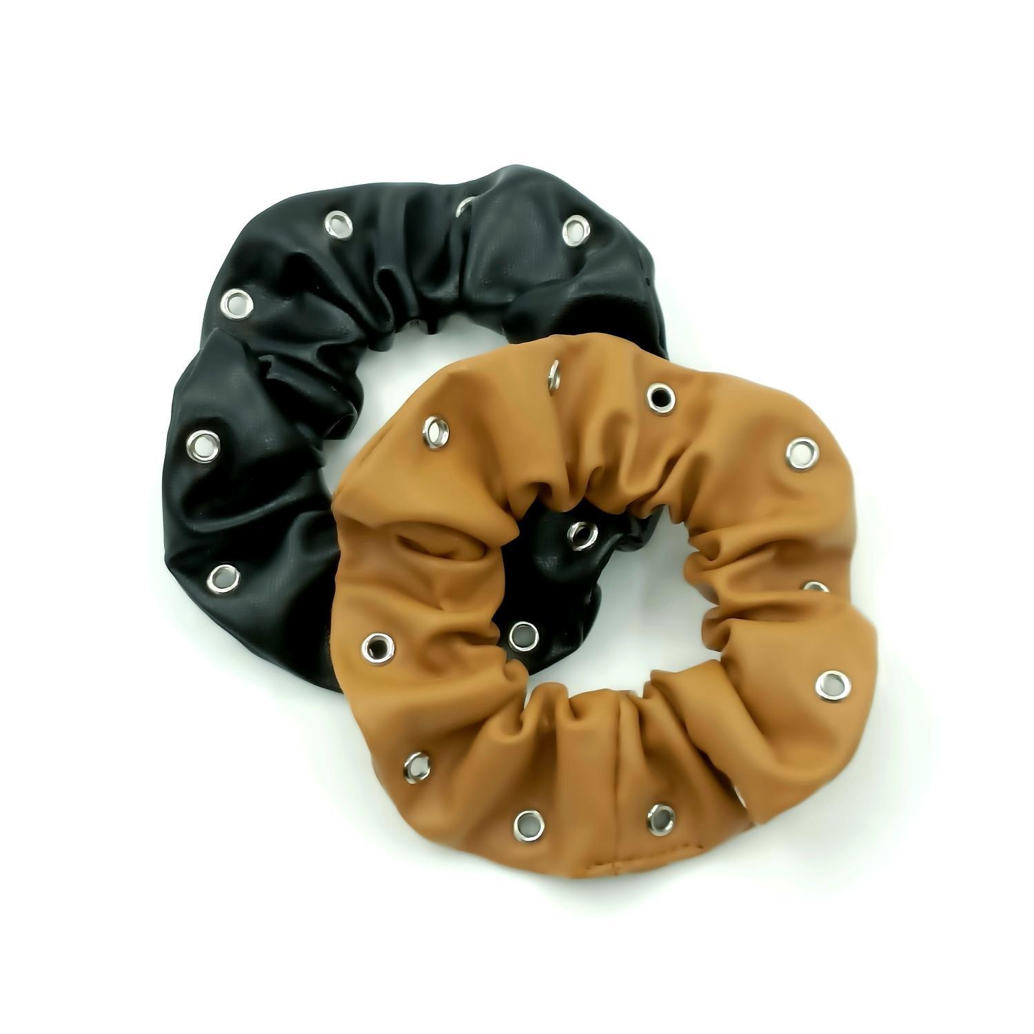 Women's Fashion Punk Square Rivet PU Leather Elastic Hair Tie Band