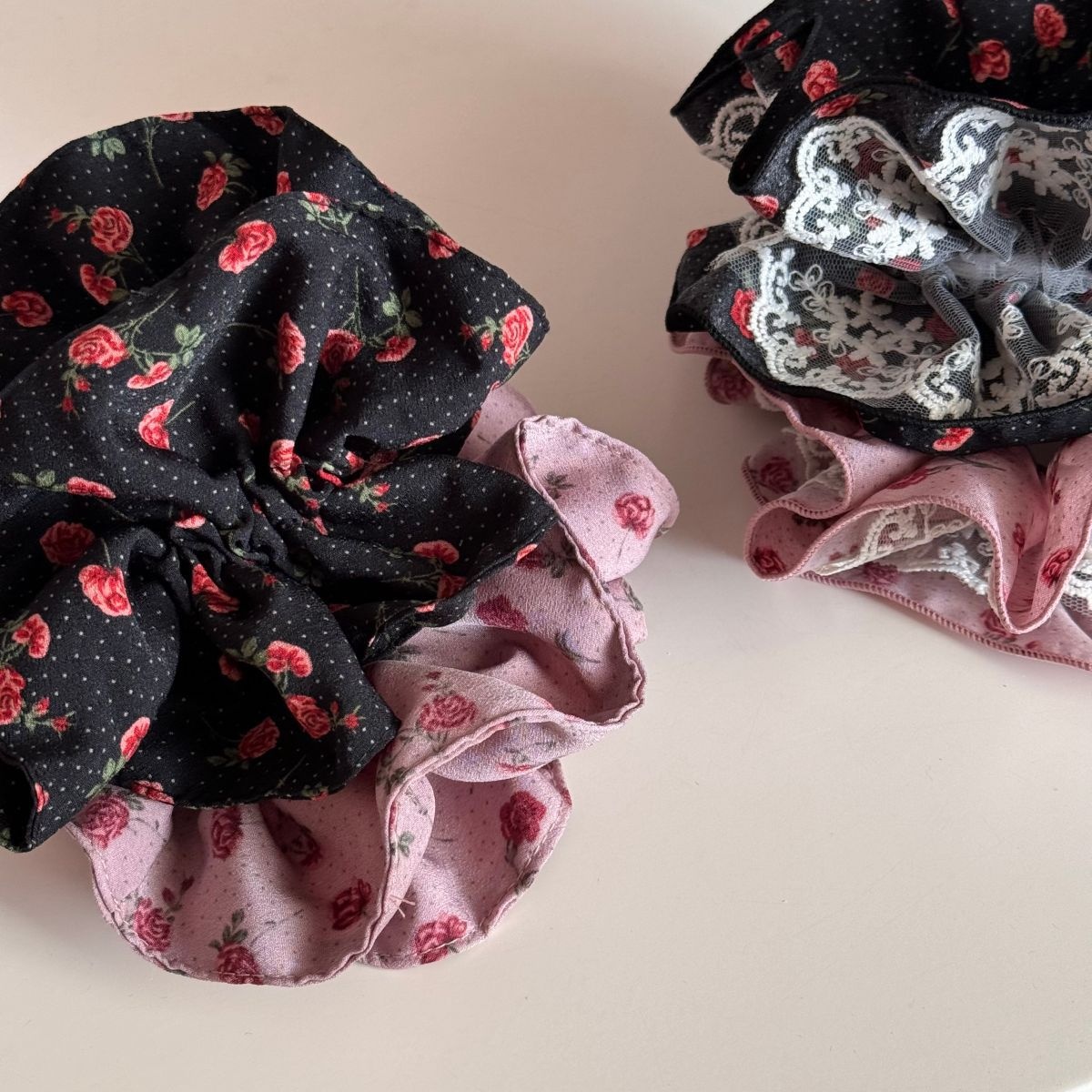 Women's Elegant Lace Rose Scrunchie Hair Accessories Pink Black Polka Dots