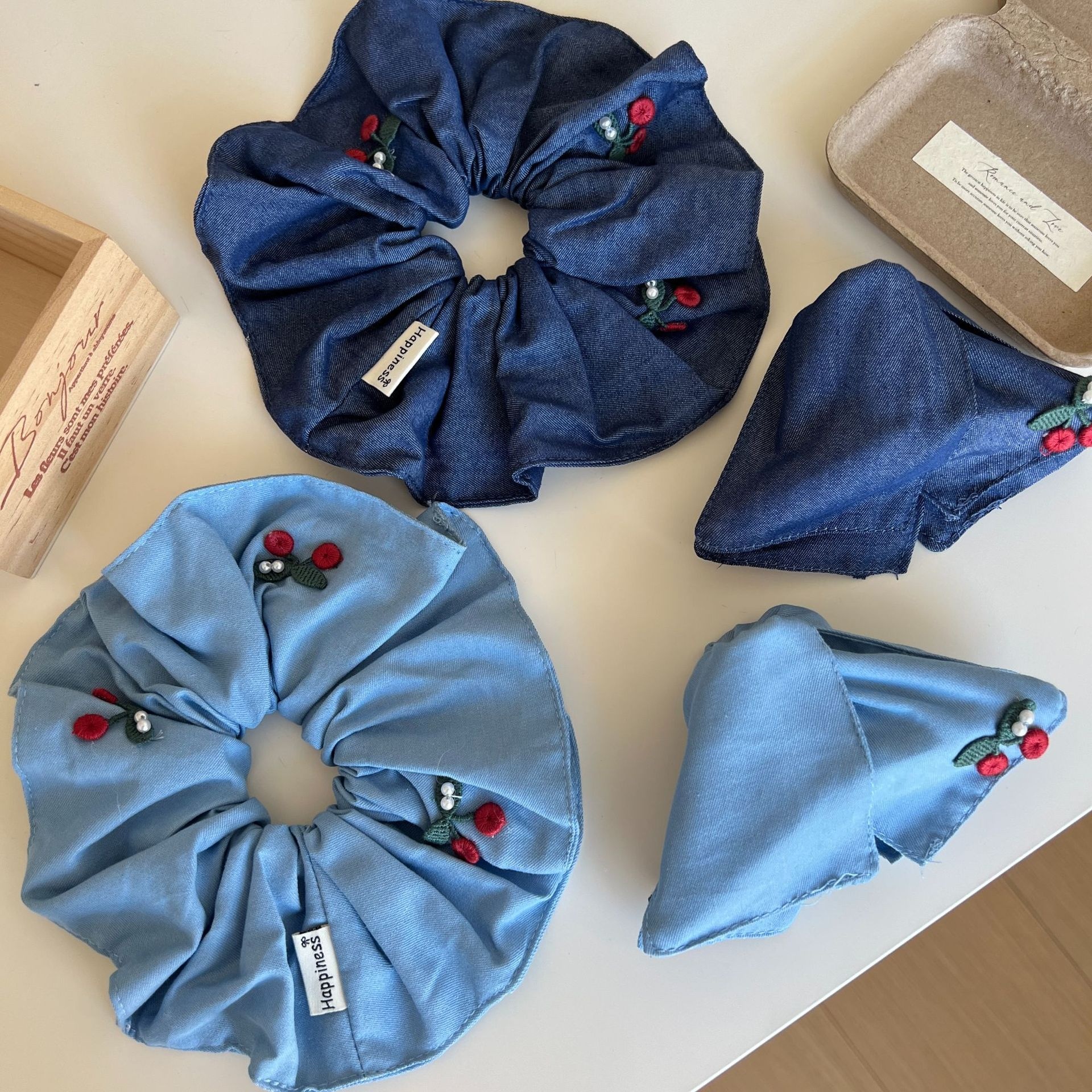 Women's Casual Denim Scrunchie Hair Accessory Cherry Embroidery