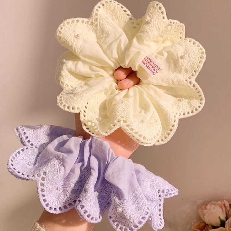 Women's Elegant Pleated Ponytail Bun Hair Tie Yellow Lace Pearl Flower