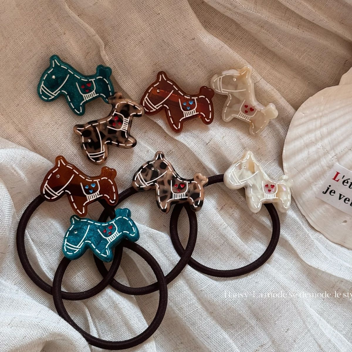 Ladies High Elastic Acetate Hair Tie Navy Coffee Floral Dog Pattern