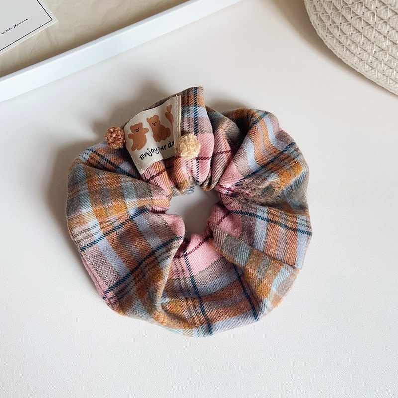 Women's Autumn Styling Cloth Hair Tie Grey Plaid Little Bear Pattern