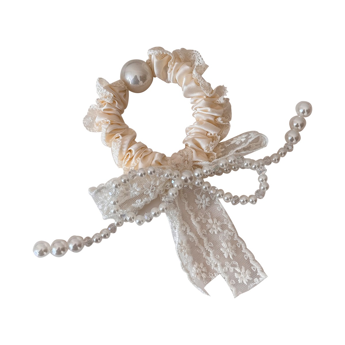 Women's Fairy Pearl Bowknot Lace Hair Tie For Spring Summer Black & Beige