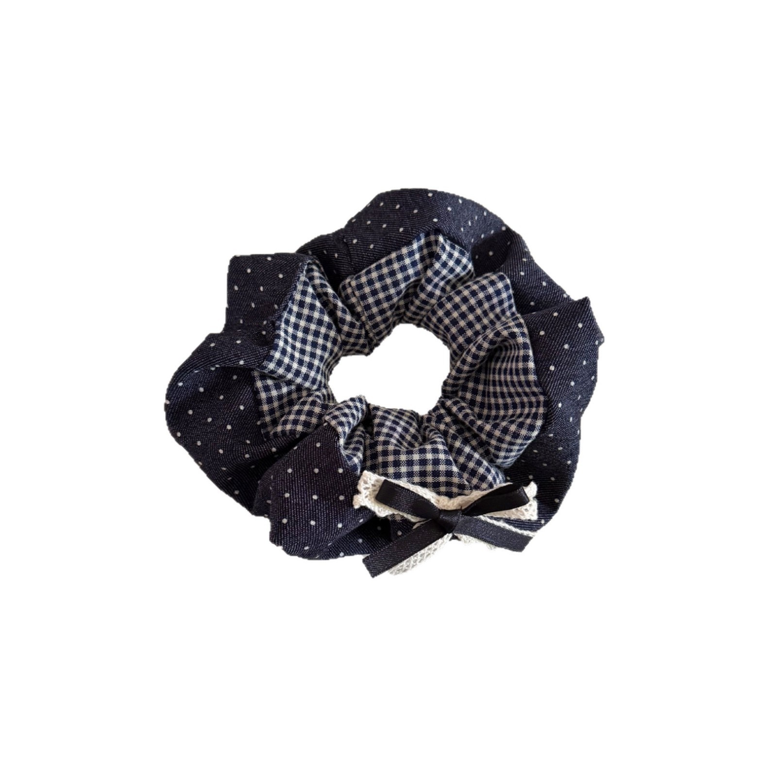 Women Cloth Ponytail Bow Hairband Navy Blue Coffee Plaid Polka Dot