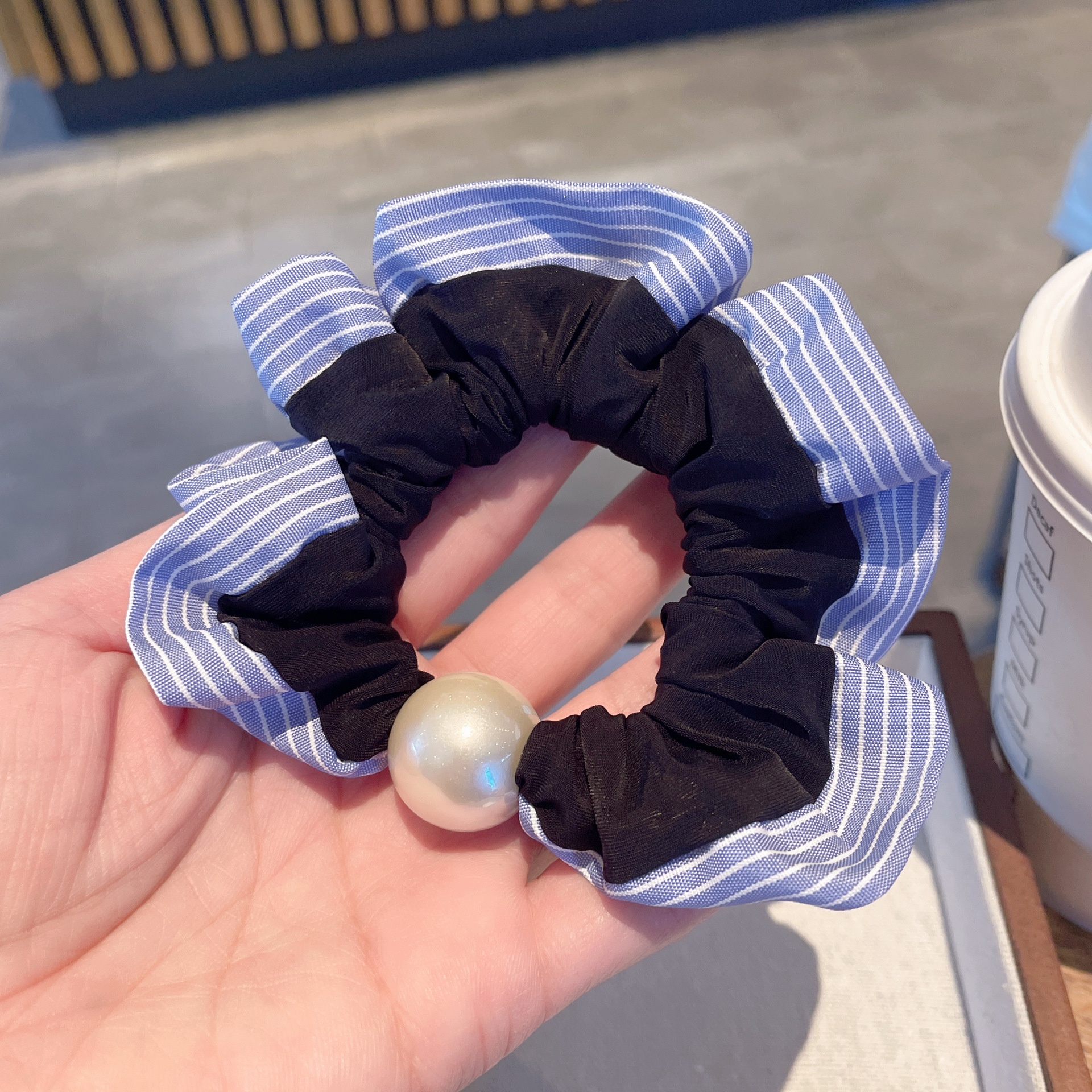 Women's Summer Pearl Rubber Band Hair Tie Accessory Blue Striped Cloth