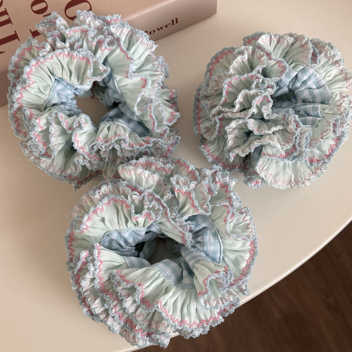 Women Daily Vintage Ruffled Bow Cloth Hairband Plaid Pink Blue