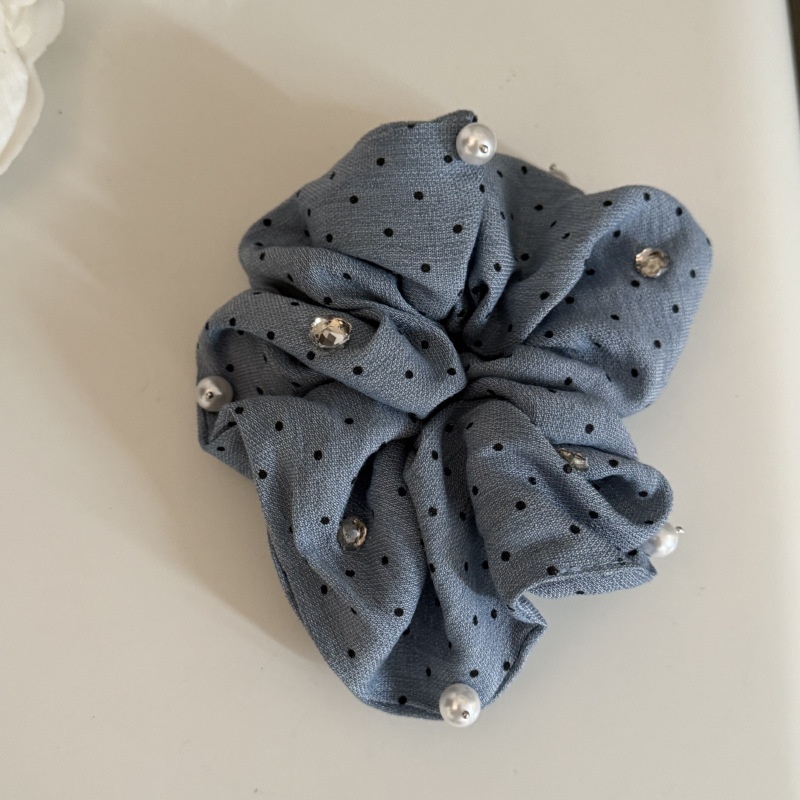 Women's French Style Spring Pearl Cloth Hair Band Blue Polka Dots