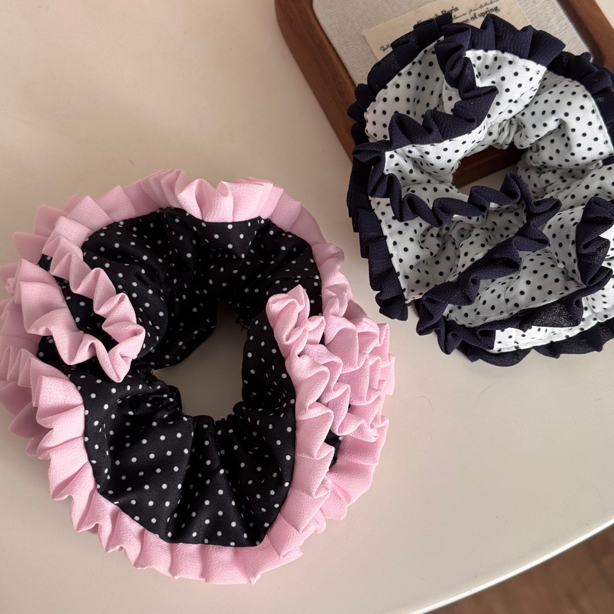 Women's Everyday Soft Cloth Scrunchie Hair Tie Pink Polka Dots Lace