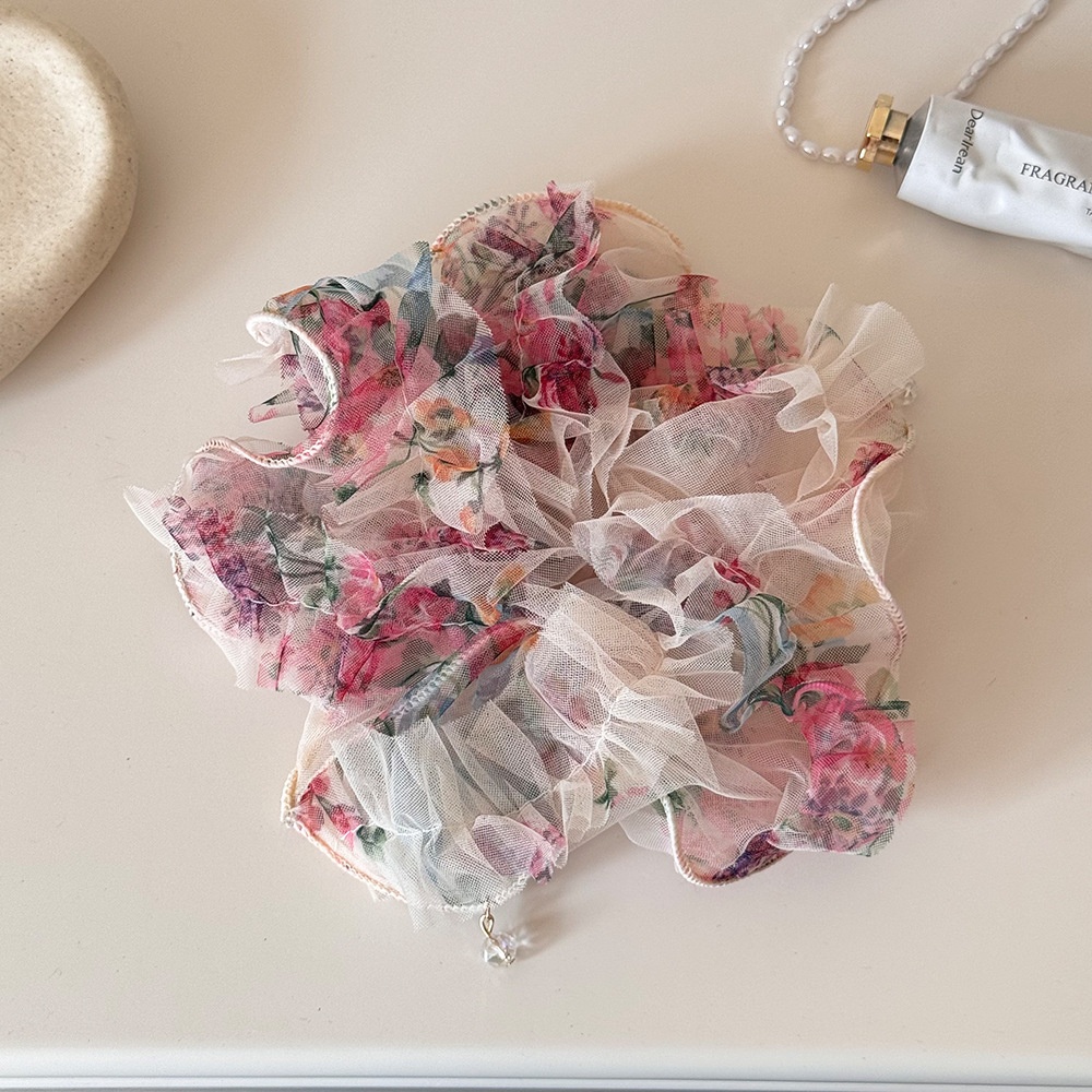 Women's Spring Gauze Bubble Braid Hair Tie Pink Ditsy Floral