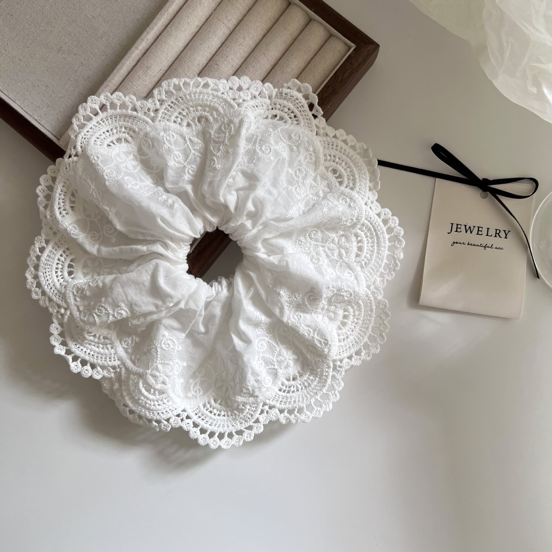 Women's Elegant Large Lace Scrunchie Sweet Ponytail Tie Solid White
