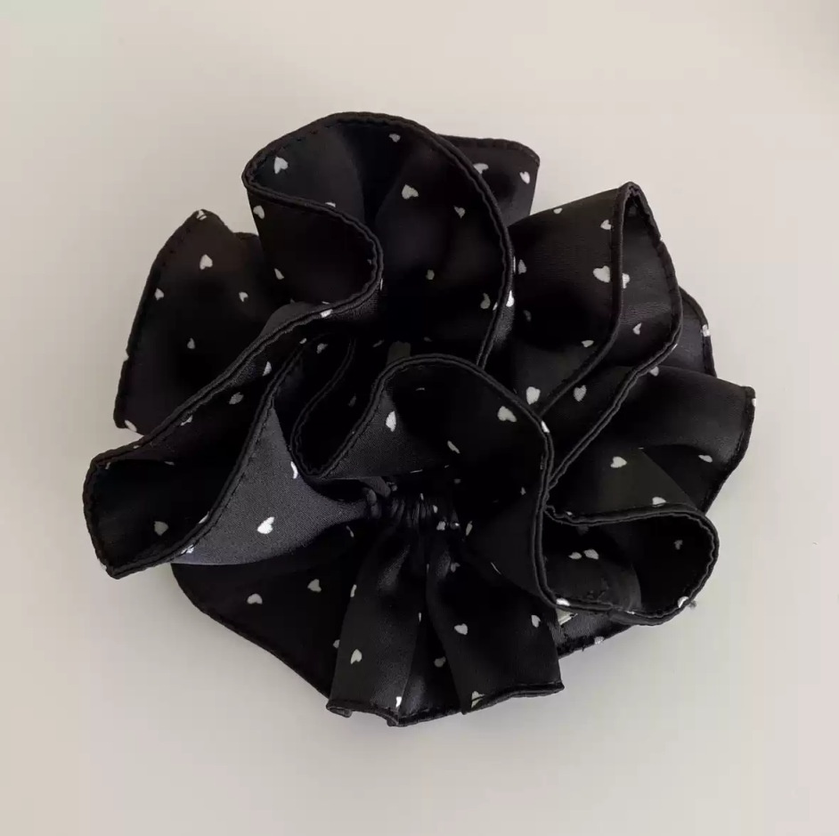 Women's French Style Soft Polyester Hair Tie White Black Heart Polka Dots