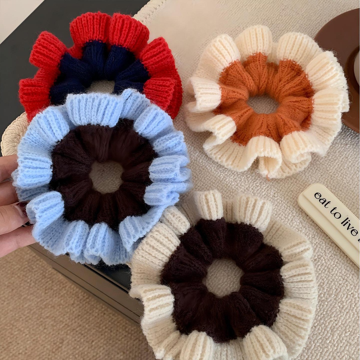 Women's Winter Knitted Lazy Bun Hair Scrunchie Color Block Pattern