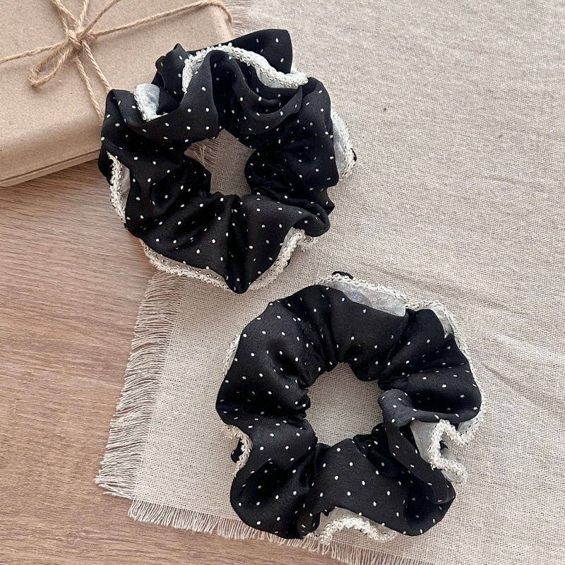 Women's Cotton Bow Elastic Hairband Black And White Polka Dot Bear