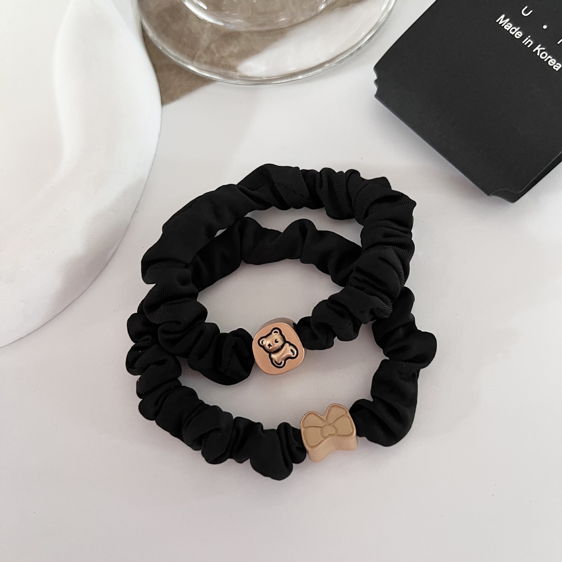 Women's Elastic Cloth Ponytail Hair Tie Set Black Bear Rabbit Bow Pattern