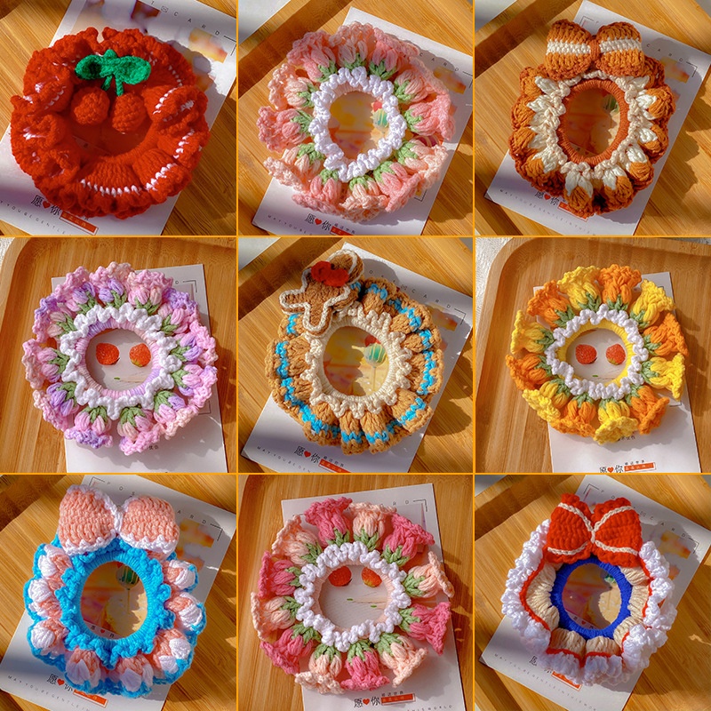 Women's Handmade Knitted Yarn Scrunchie Bellflower Bowknot Hair Tie