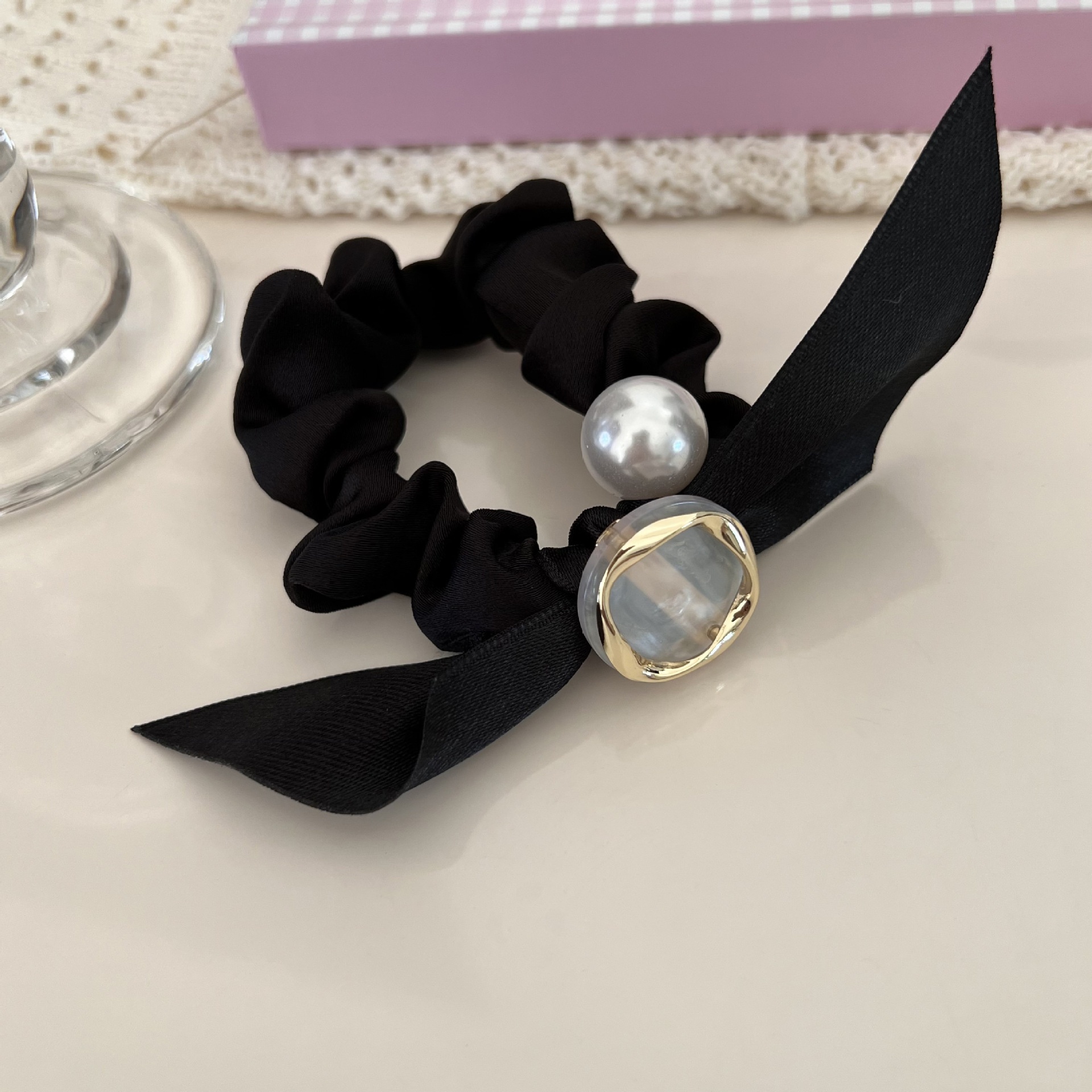 Women's High Elastic Pearl Cloth Hair Tie Ponytail Holder Black Heart