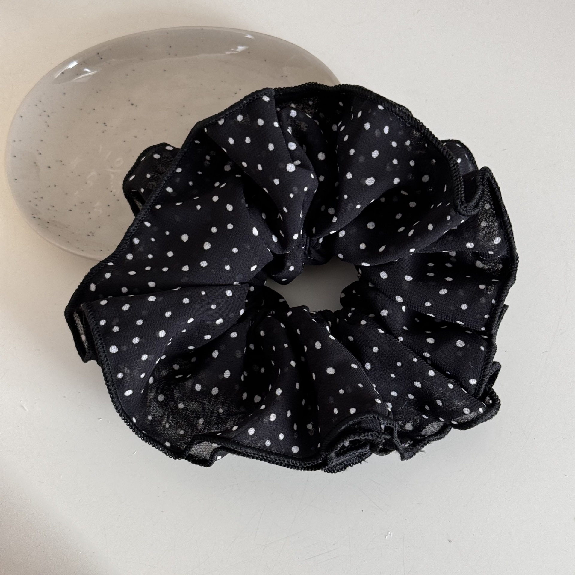 Women's Everyday Soft Cloth Scrunchie Hair Tie Black Polka Dots Pattern