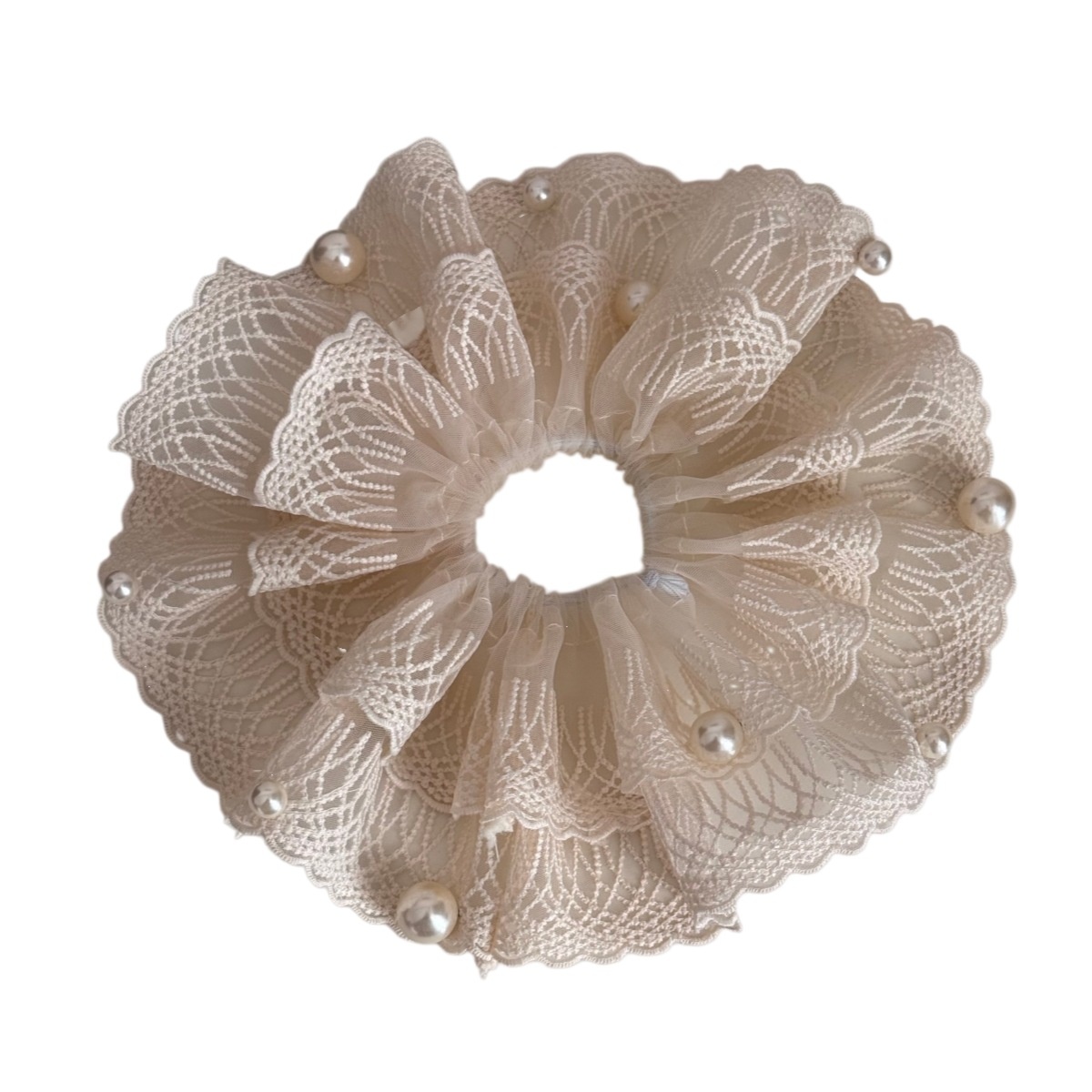 Women's Sweet Spring Soft Cloth Hair Tie Beige Floral Pearl Lace