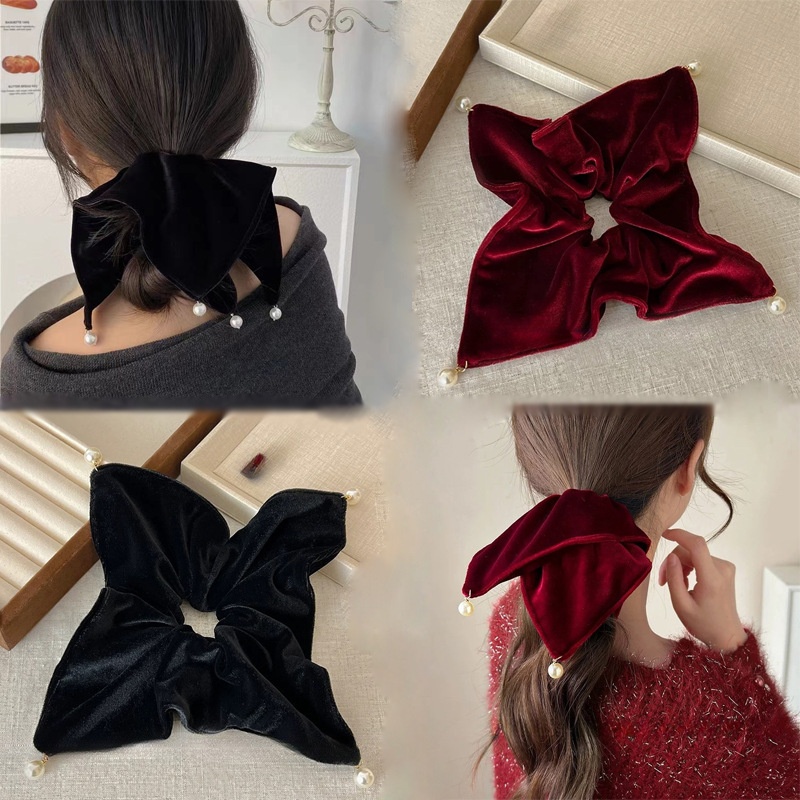 Women Pearl Velvet Scarf Hair Tie Braid Accessory Solid Color