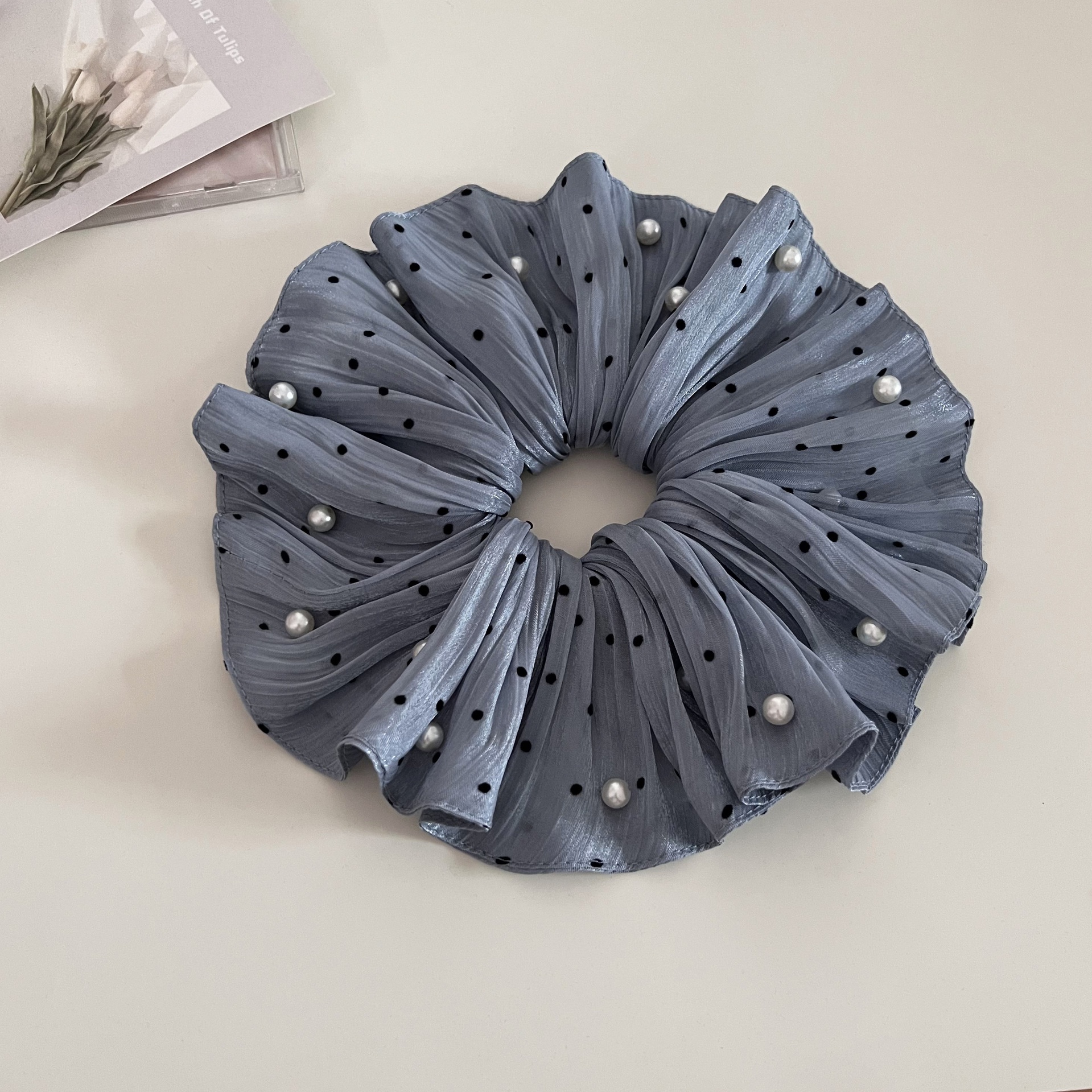 Women's Soft Polka Dot Gauze Hairband Elegant Pearl Folded Headband