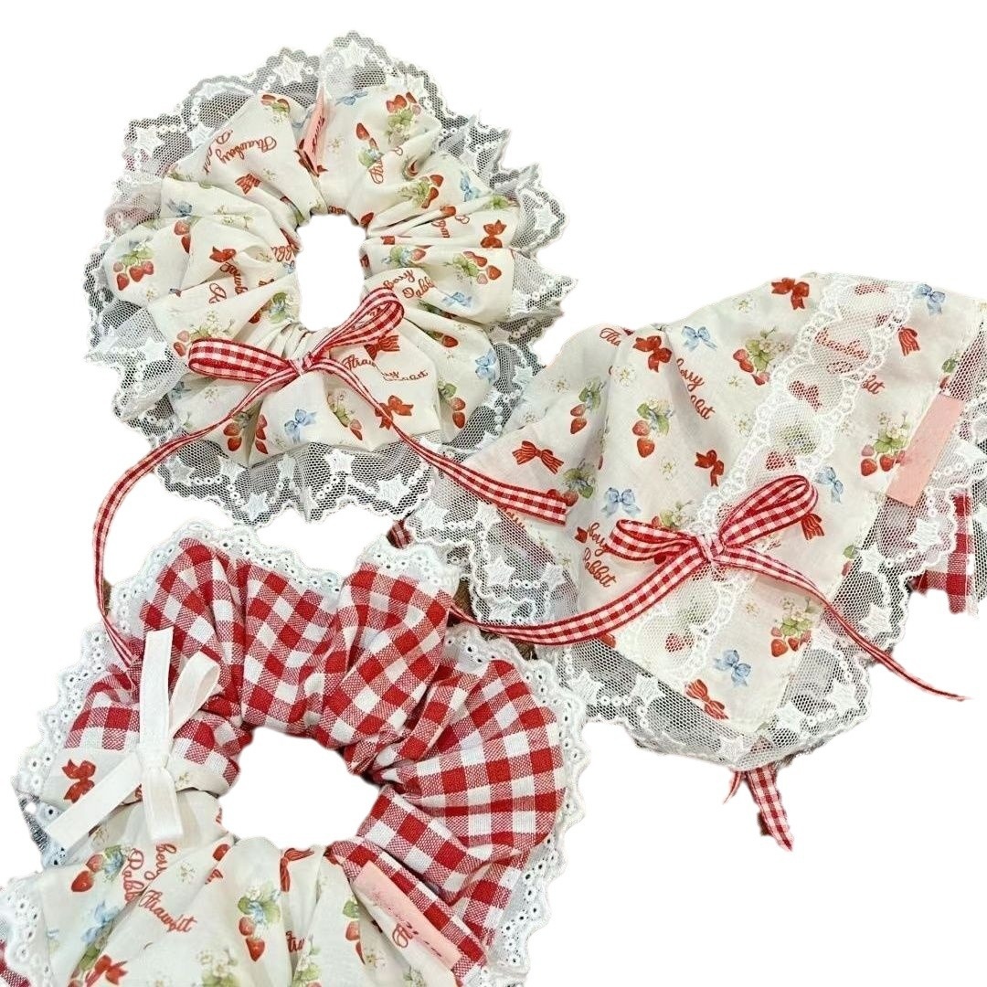 Women's Cloth Hair Scarf Tie Sweet Pastoral Strawberry Floral Lattice Print