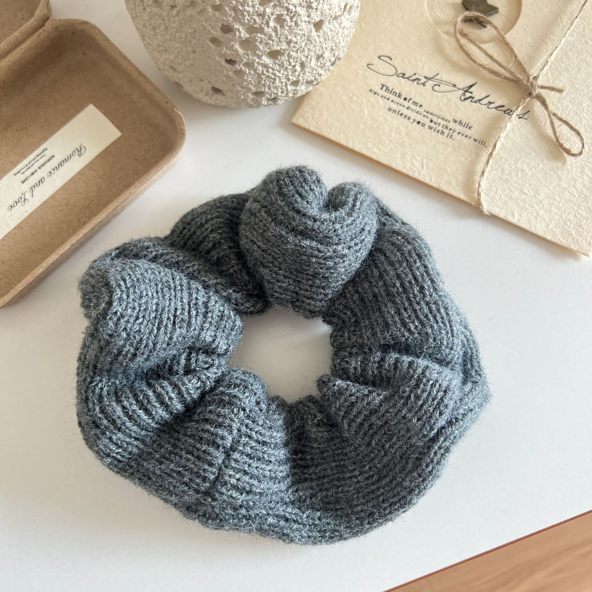 Women's Retro Knitted Pleated Elastic Hair Scrunchie Solid Coffee Color