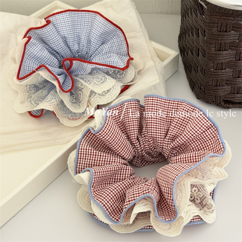 Women's Cloth Hair Tie Scrunchies Red Blue Checkered Plaid