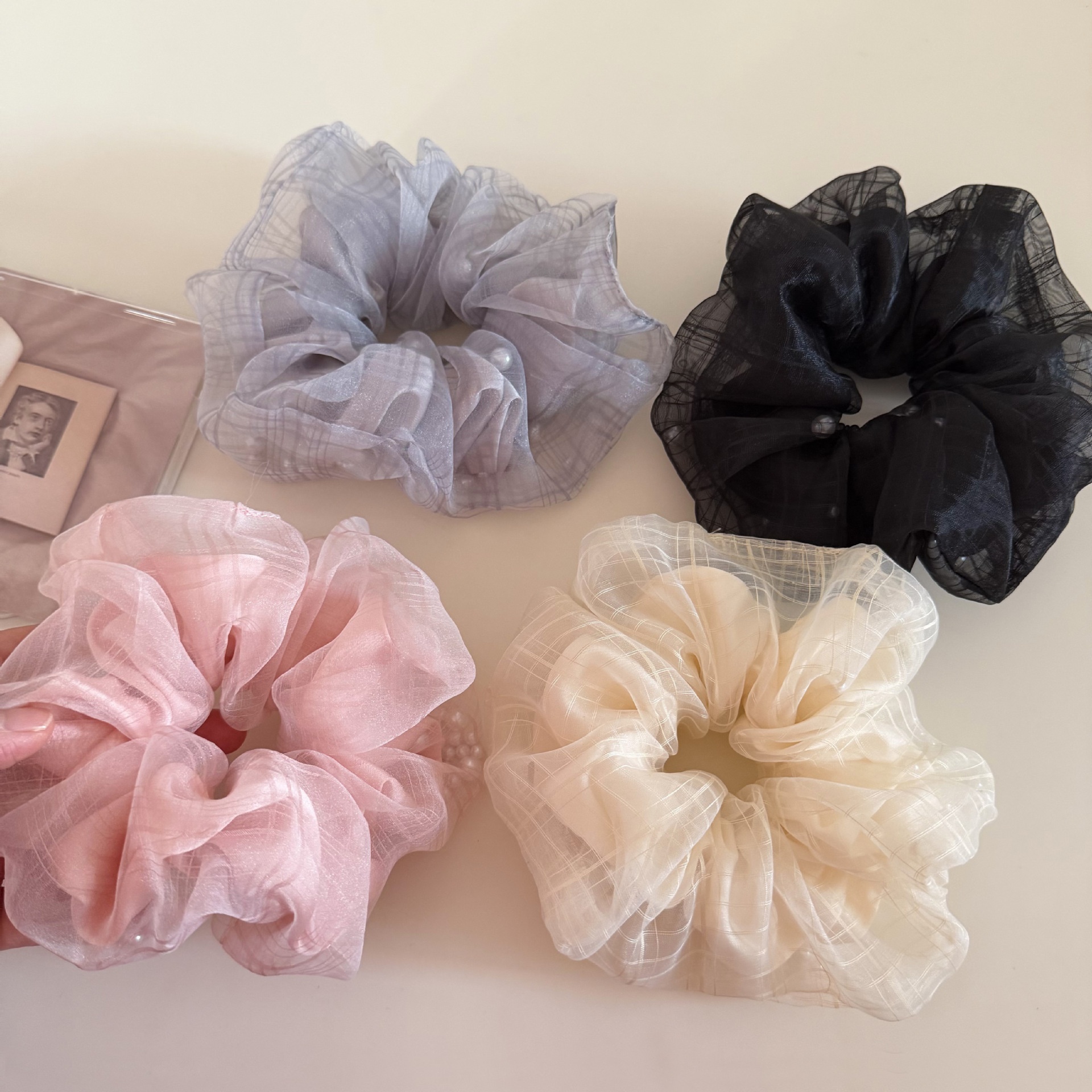 Women's Sweet Apricot Plaid Gauze Hair Tie Scrunchie with Pearls