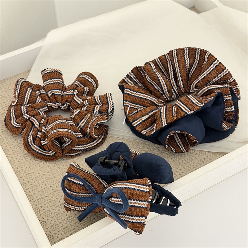 Women's Fall Winter Double Sided Knit Bun Hair Tie Striped Bow Knot