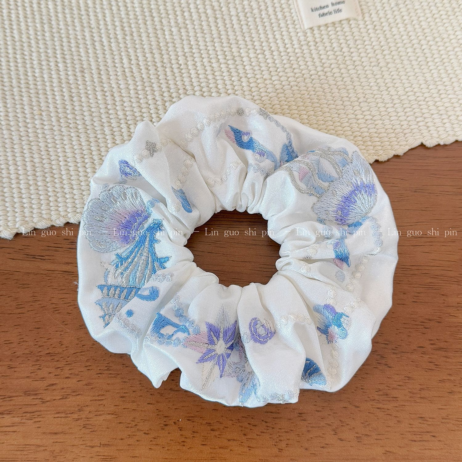 Women's Soft Cloth Hair Tie, Navy Blue Marine Starfish Shell Embroidery