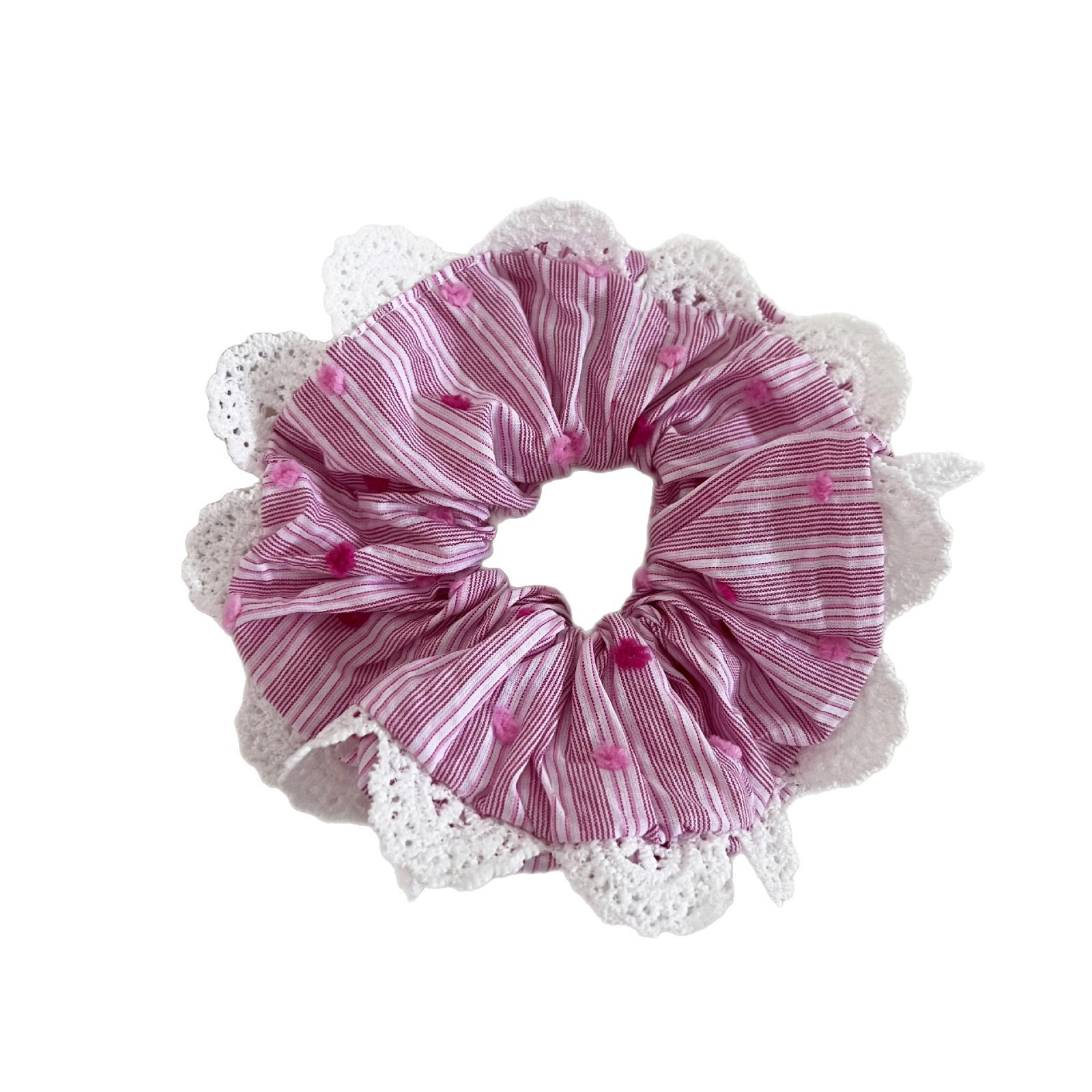 Women's Handmade Fabric Hair Bun Scrunchie Striped Polka Dot Lace Pink Blue