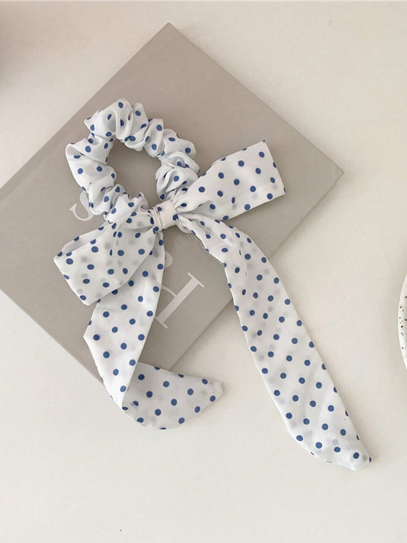 Women Girls French Polka Dot Bow Hair Scarf Fabric Ponytail Holder Tie