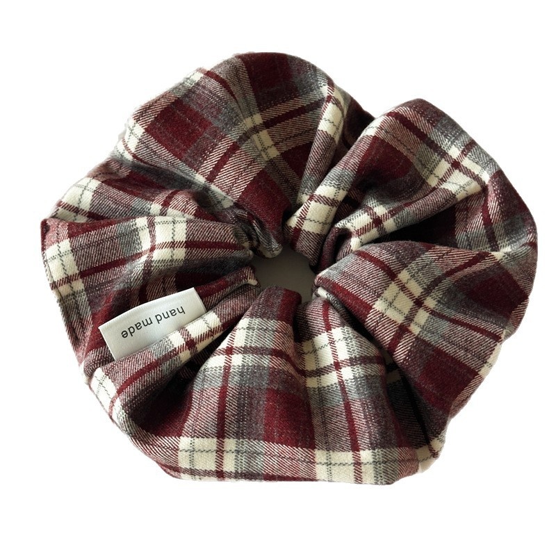 Women's Retro Dark Plaid Hair Ties Preppy Frayed Cloth Elastic Hair Bands