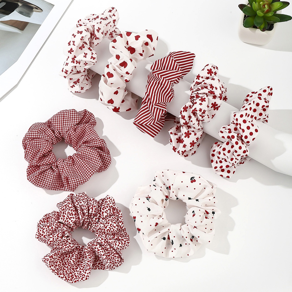 Women's Summer Bowknot Hair Tie Red Striped Cherry Heart Polyester