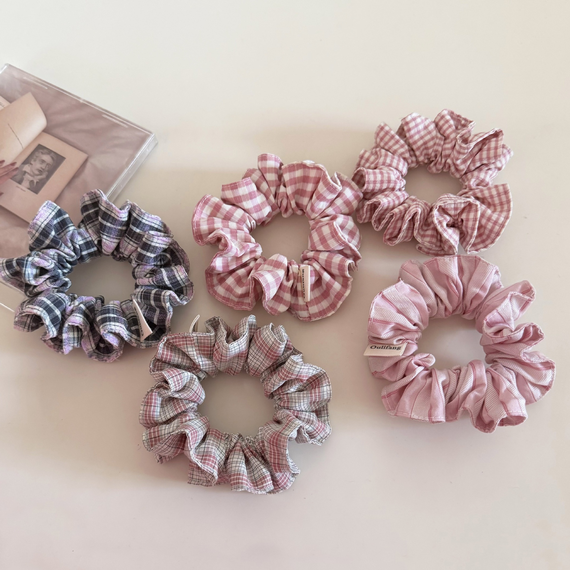 Women's Stylish Cloth Daily Hair Scrunchie Pink Checkered Plaid