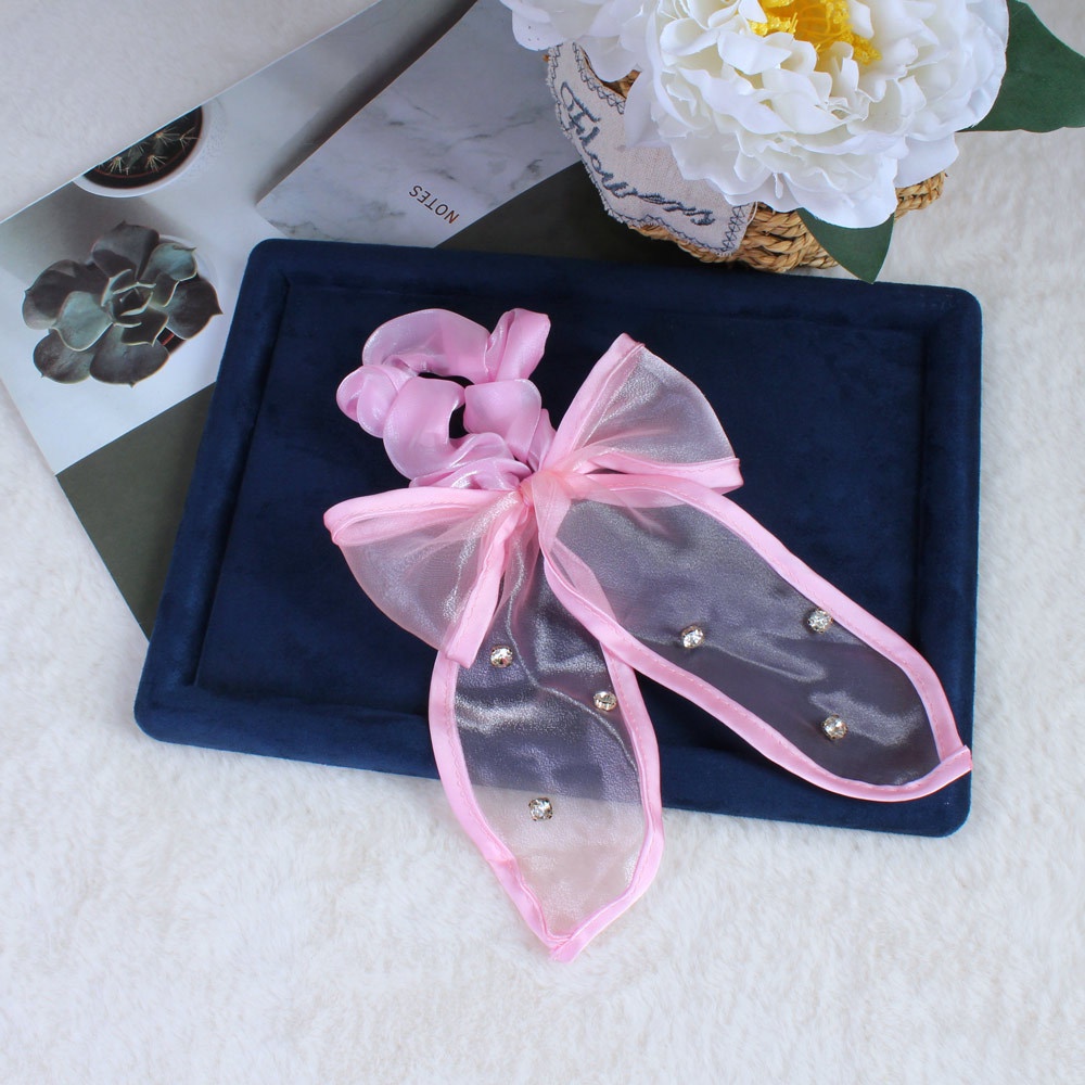 Women's Summer Fairy Gauze Rhinestone Ponytail Hair Tie Wine Red Bowknot