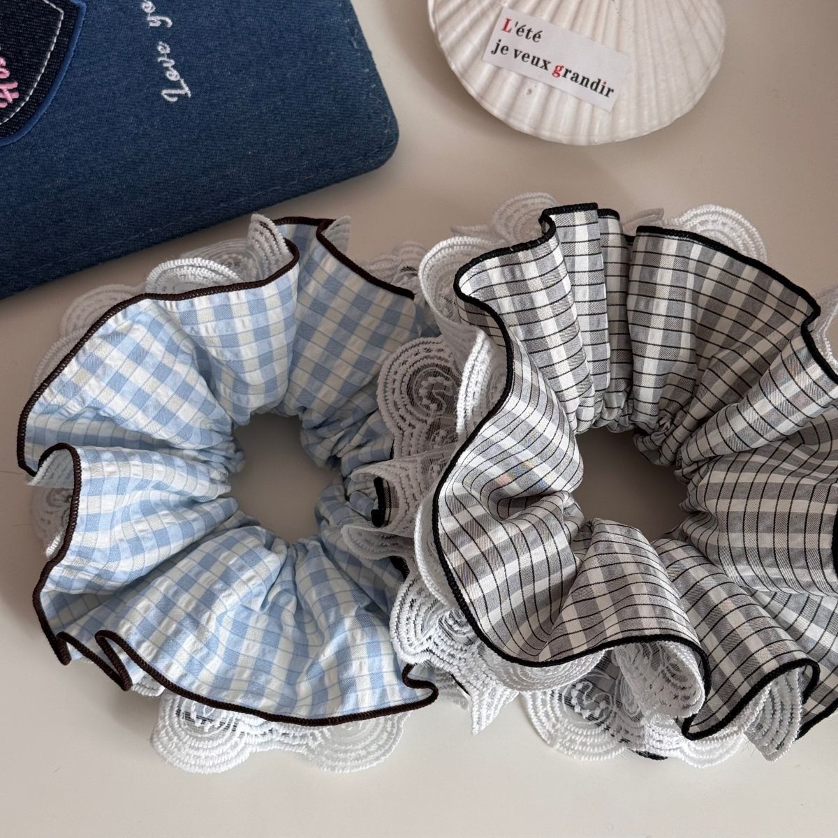 Women's Spring Retro Cloth Hair Tie Scrunchie Blue Black Plaid