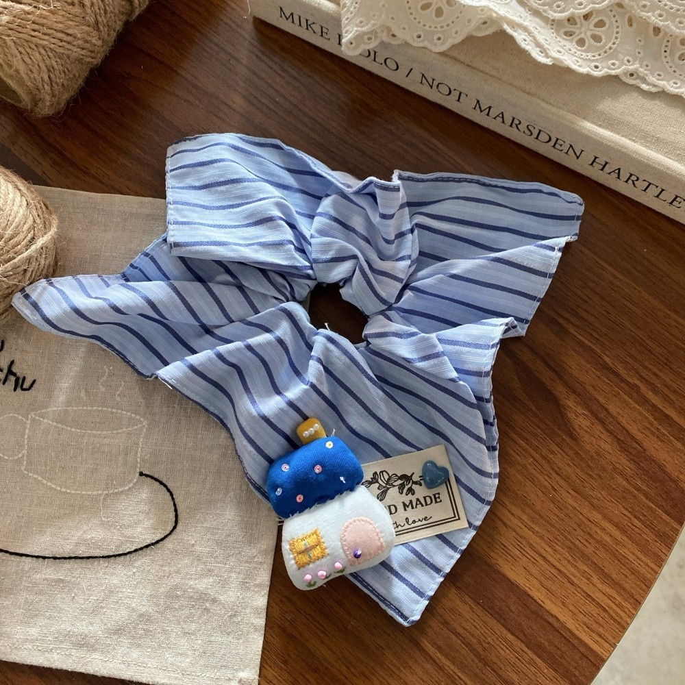 Women's Cute Summer Fabric Hair Tie Blue Cartoon House Pattern