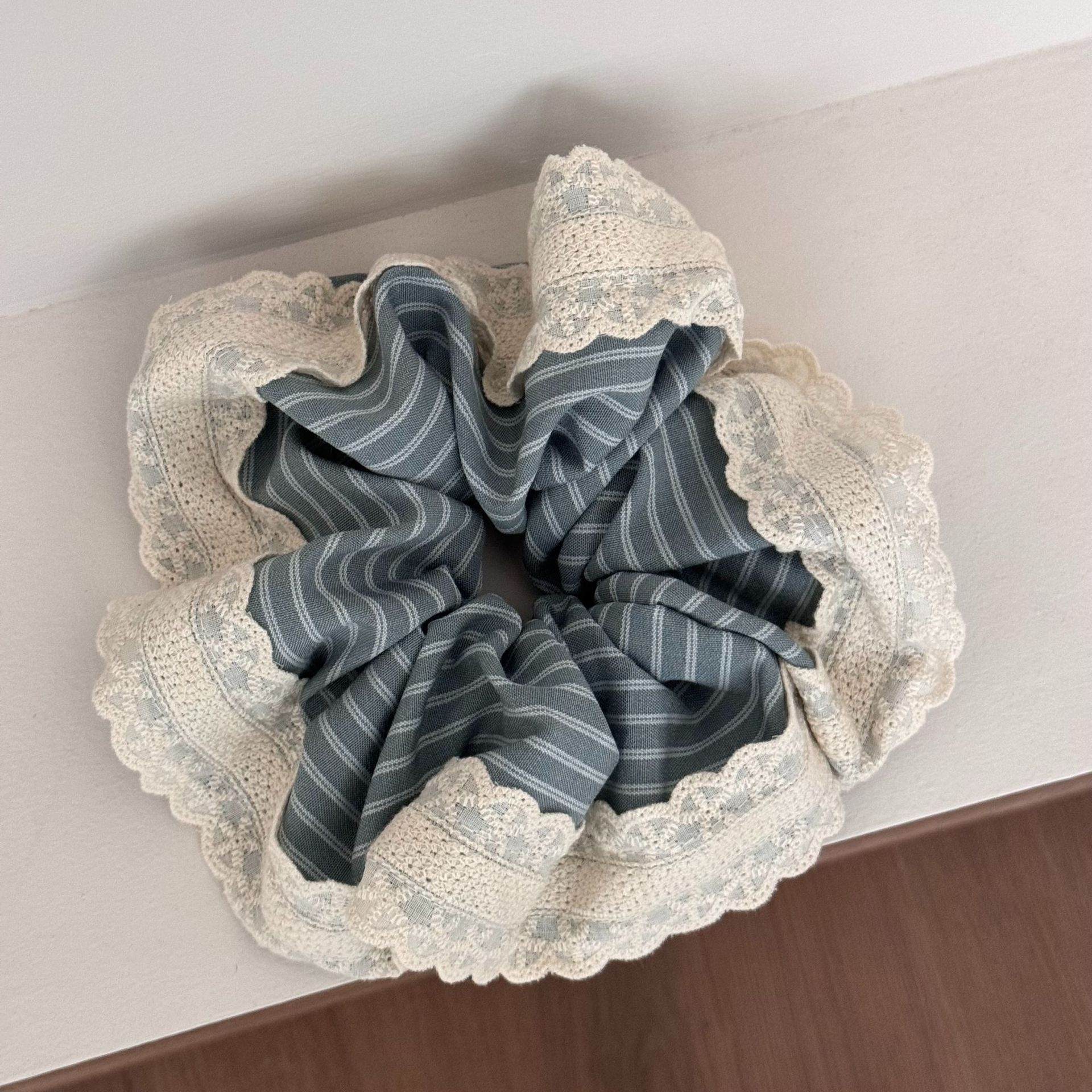 Women's Elegant Cloth Hair Tie For Everyday Wear Grey & Blue Striped Lace