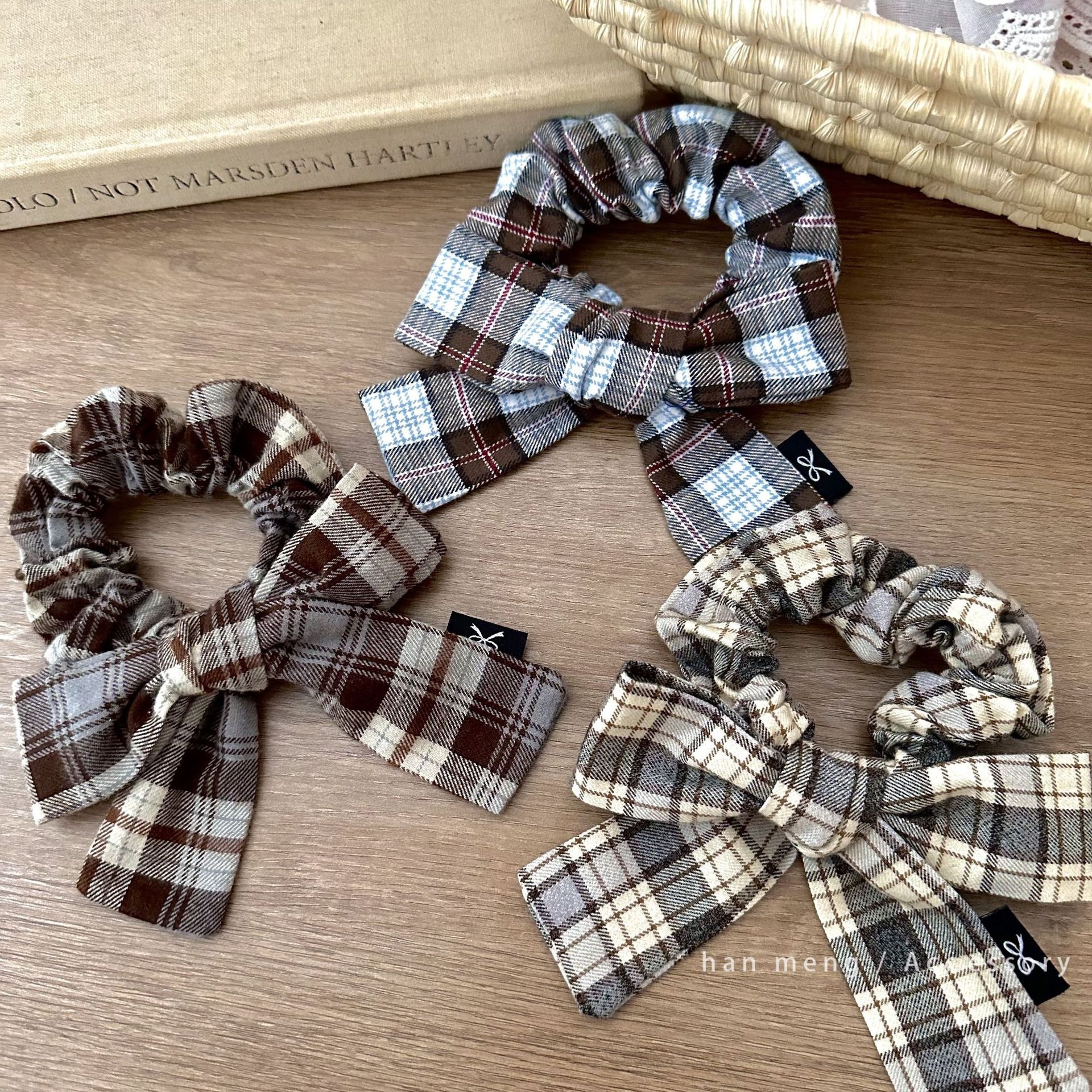 Women's Cotton Bowknot Ponytail Holder Hair Ties Retro Green Camel Plaid