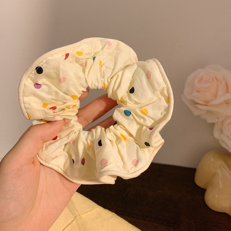 Women's Large Mori Style Scrunchie Beige Polka Dot Cloth Hair Tie
