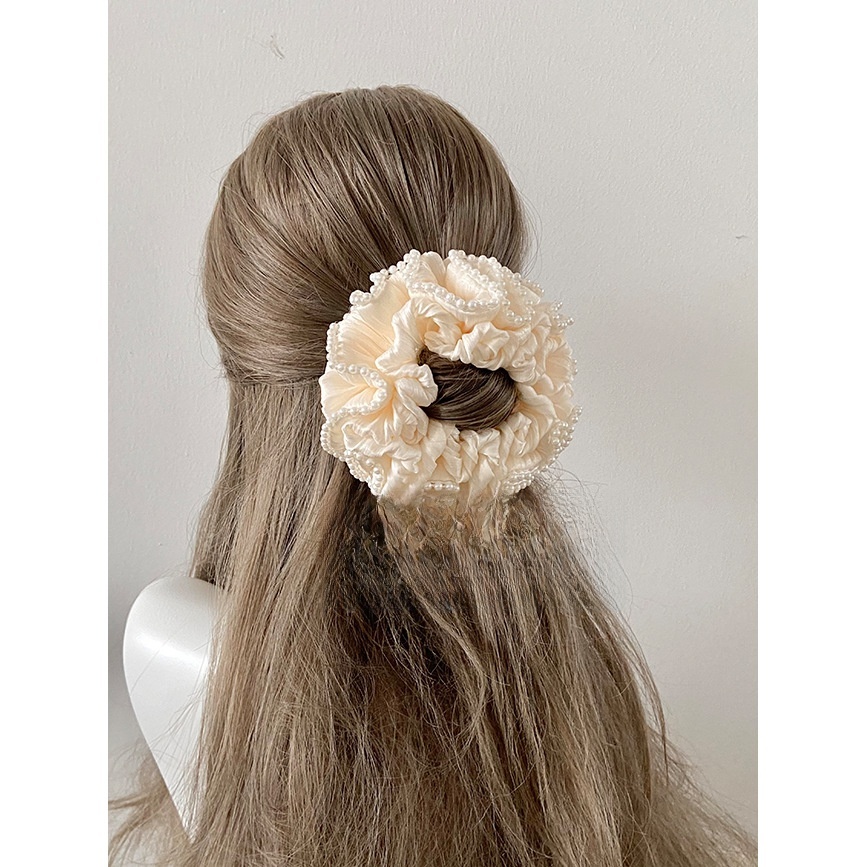 Women's Spring Pearl Trim Cloth Hair Scrunchie Beige Black Ditsy Floral