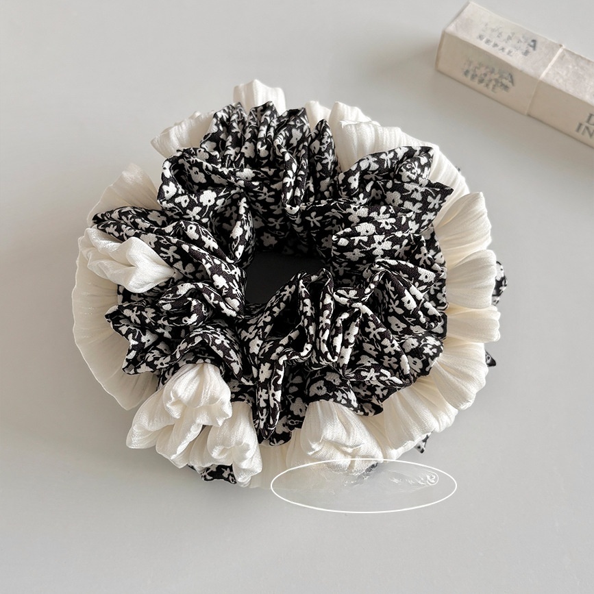 Women's Spring Pearl Trim Cloth Hair Scrunchie Beige Black Ditsy Floral